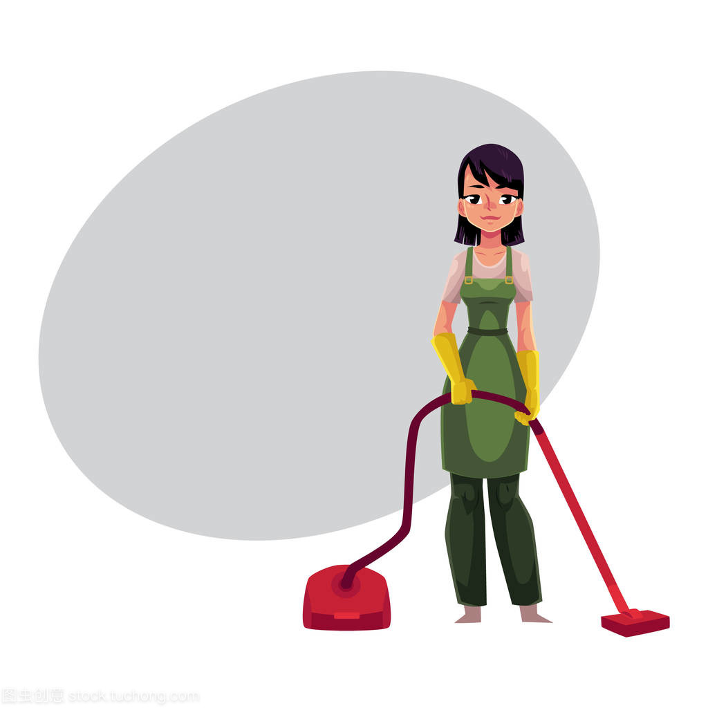 女傭在工作服站與真空吸塵器清潔服務女孩